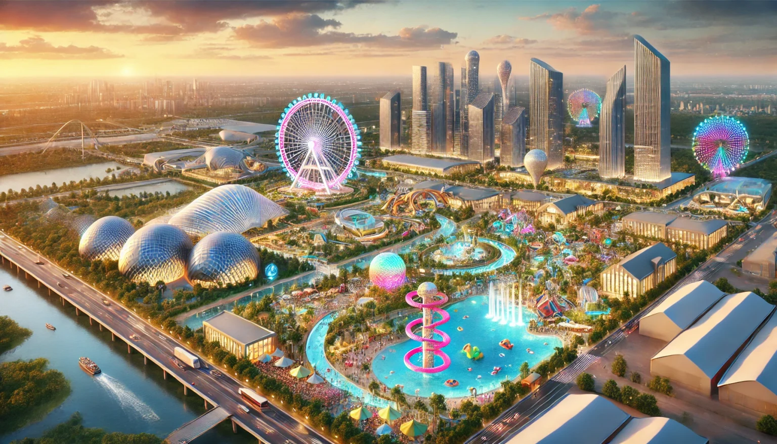 Smart city landscape with attractions, museum, entertainment venues and transportation network